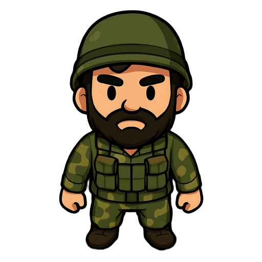 solider, should have beard, with army suit, facing front, black hair 