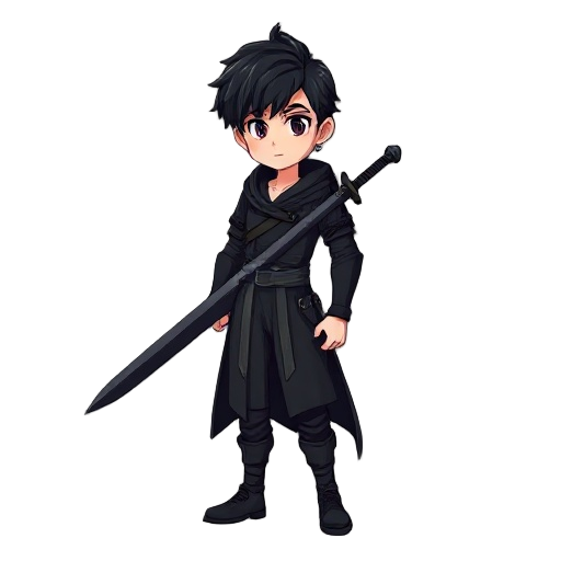 a male human, dark hair, with dark sword,dressed all black, reallistic proportions