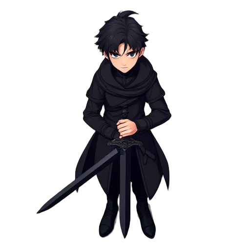 a male human, dark hair, with dark sword,dressed all black, reallistic proportions