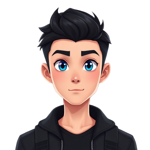 young man with dark hair black jacket and blue eyes 
