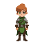 personagem de jogo medieval, cabelo castanho, olhos verdes e cachecol verde