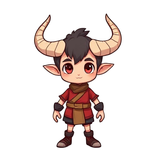 a cut boy with tell and his head has two horn his dressed red huddi