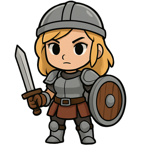 faca uma perosnagem guerreira, com armadura de guarda que usa uma espada de ferro e um escudo de madeira. ela e loira e tem corpo chibi. 