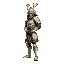 a samurai is standing on two legs. its body resembles human anatomy. the body is positioned at a 3/4 turn to the right. its wearing white and gold armor