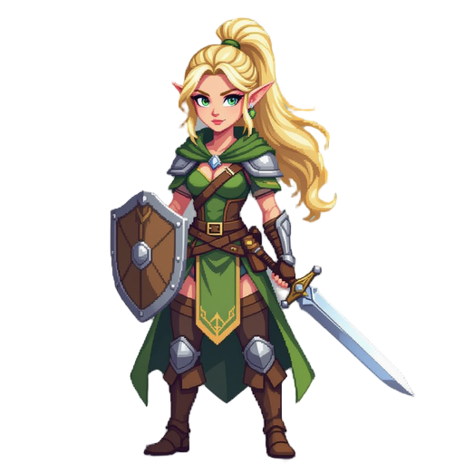 a beautiful female elven ranger with blonde hair in a high ponytail, realistic proportions, serious look, feminine appearance, pixelated style, she has a shield on her left hand and a sword on her right hand