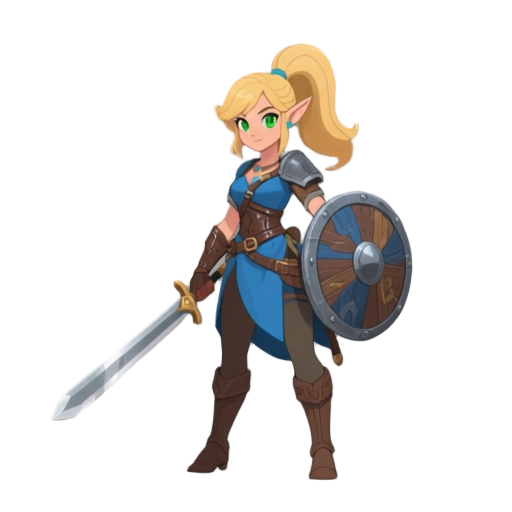 an female elven ranger with blonde hair in a high ponytail, leather amor, feminine, holding a sword in the right hand and a shield in the left arm. blue clothing, beautiful and feminine attributes. green eyes.