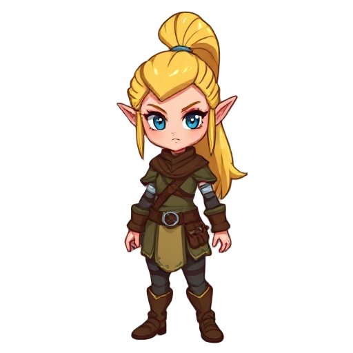 an female elven ranger with blonde hair in a high ponytail, serious look, pixelated style