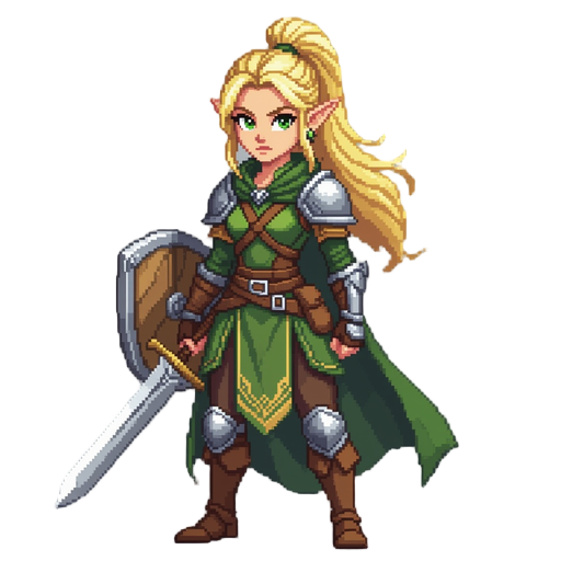 an female elven ranger with blonde hair in a high ponytail, serious look, feminine appearance, pixelated style, she has a shield on her left hand and a sword on her right hand
