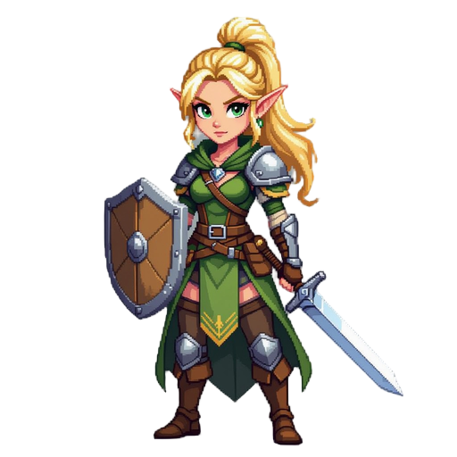 an female elven ranger with blonde hair in a high ponytail, serious look, feminine appearance, pixelated style, she has a shield on her left hand and a sword on her right hand