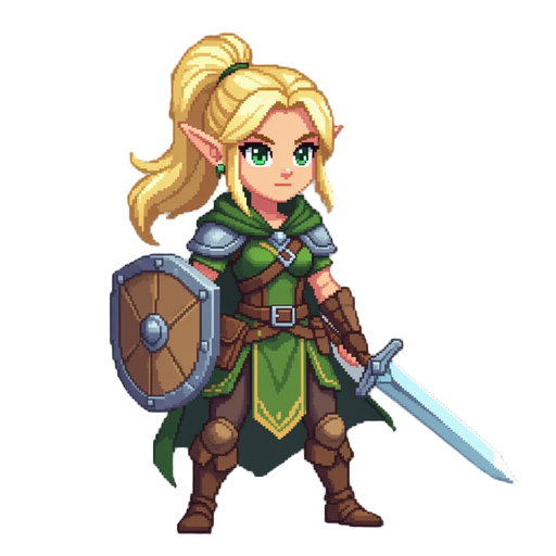 an female elven ranger with blonde hair in a high ponytail, serious look, feminine appearance, pixelated style, she has a shield on her left hand and a sword on her right hand