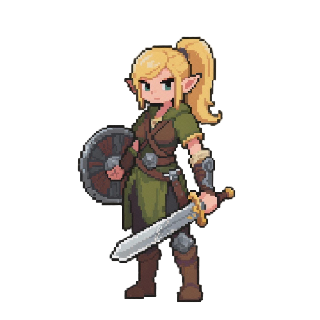 a beautiful female elven ranger with blonde hair in a high ponytail, serious look, feminine appearance, pixelated style, she has a shield on her left hand and a sword on her right hand