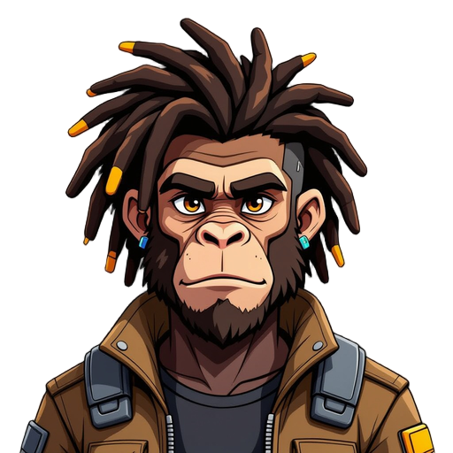 cyberpunk male ape humanoid character, 2.5d style, frontal portrait like id photo, upper body centered, looking straight ahead, calm confident expression, short side-fade dreadlock-like fur texture swept slightly to the right with subtle yellow highlights