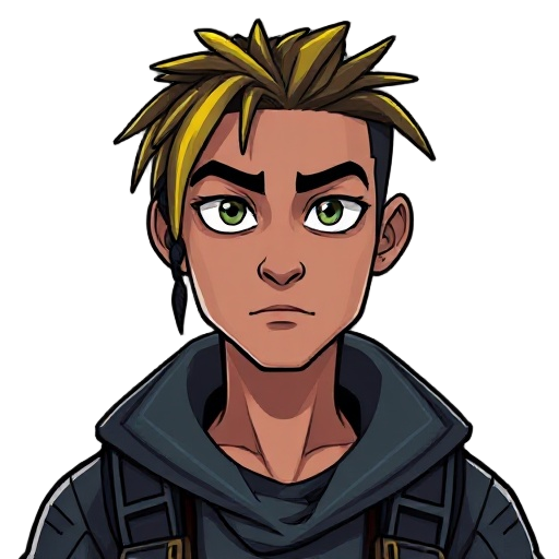 cyberpunk male human character, 2.5d style, frontal portrait like id photo, upper body centered, looking straight ahead, calm confident expression, short side-fade dreadlock hairstyle swept slightly to the right with subtle yellow highlights, skin color #