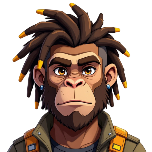 cyberpunk male ape humanoid character, 2.5d style, frontal portrait like id photo, upper body centered, looking straight ahead, calm confident expression, short side-fade dreadlock-like fur texture swept slightly to the right with subtle yellow highlights