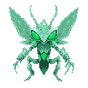 pixel art, 32bit style, anthropomorphic white mantis samurai, jade-colored translucent exoskeleton armor, glowing emerald circuit patterns, retractable scythe-arms with crystalline edges, insect-wing