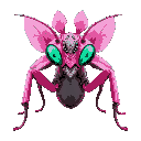 [pixel art][32bit color] mechanical orchid mantis, pink-crystal carapace with biotech circuits, prismatic compound eyes, foldable petal-blade forelimbs, steam-punk respiratory vents, tropical rainfore