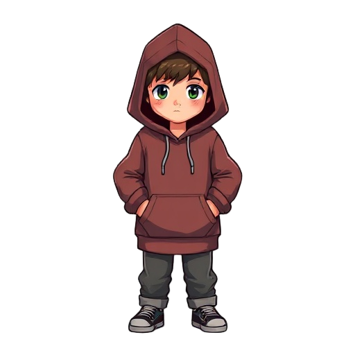 a child standing, wearing a hoodie with the hood up and hands in its pocket, depressing color palette.