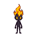 in this pixelated digital illustration, a humanoid figure stands against a dark brown backdrop, its head crowned by a flickering flame in vibrant yellow, orange, and red tones. the character's minimalist face features glowing yellow eyes, devoid of any mo