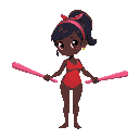 a black girl using a red swimming suit, holding two long pink wooden batton as weapons