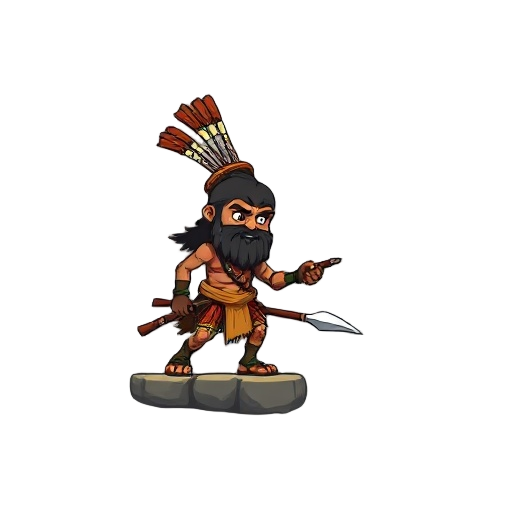 create a 2d retro-style platformer game featuring characters inspired by "gueiros". the main character should be a tribal warrior with weapons like spears and knives. include full animations for:  - i