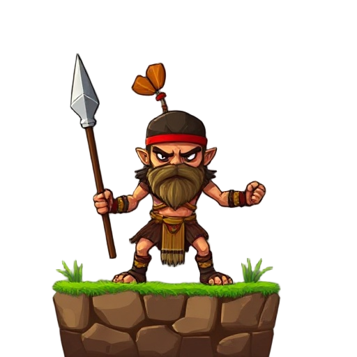 create a 2d retro-style platformer game featuring characters inspired by "gueiros". the main character should be a tribal warrior with weapons like spears and knives. include full animations for:  - i