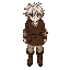 medieval peasant seen from the front, messy white hair, subtle red eyes, brown tunic with rope belt, beige pants and worn leather boots, transparent background, palette limited to earth tones with 2-tone shading. inspired on the undertale game.