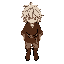 medieval peasant seen from the front, messy white hair, subtle red eyes, brown tunic with rope belt, beige pants and worn leather boots, transparent background, palette limited to earth tones with 2-tone shading. inspired on deltarune game.