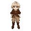 medieval peasant seen from the front, messy white hair, subtle red eyes, brown tunic with rope belt, beige pants and worn leather boots, transparent background, palette limited to earth tones with 2-tone shading. inspired on the undertale game.