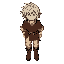 medieval peasant seen from the front, messy white hair, subtle red eyes, brown tunic with rope belt, beige pants and worn leather boots, transparent background, palette limited to earth tones with 2-tone shading. inspired on the undertale game.