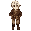 medieval peasant seen from the front, messy white hair, subtle red eyes, brown tunic with rope belt, beige pants and worn leather boots, transparent background, palette limited to earth tones with 2-tone shading. inspired on deltarune game.