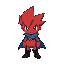 an overworld idle character . spiky hair and black boots. pokémon red style . blue cape