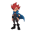 an overworld idle character . spiky hair and black boots. pokémon redfire style . blue cape