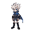 an overworld idle character . spiky silver hair and black boots. pokémon redfire style . blue cape