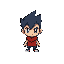 an idle character . spiky hair dark blue. pokémon redfire style 
