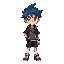 a protagonist with spiky dark blue hair like an adolescent and in the size of pokémon redfire overworld character playing in a turn-based game like pokémon with pokéballs