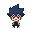 an idle character . spiky hair dark blue. pokémon redfire style