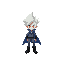 an idle character . spiky silver hair and black boots. pokémon redfire style . blue cape