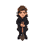 a pixel art character, top down, jump king style, male with brown long hair, wearing a dark coat, has in his hands a shovel