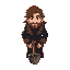 a pixel art character, top down, jump king style, male with brown long hair, wearing a dark coat, has in his hands a shovel