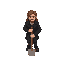 a pixel art character, top down, jump king style, male with brown long hair, wearing a dark coat, holding with one of his hands a shovel