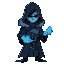 a stylized figure in a long, flowing coat with a fur-lined hood, holding glowing blue crystals in their outstretched hand. the figure's face is obscured, adding an air of mystery, rendered in a detail