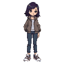 aya early 20s, she carries an understated beauty that feels more lived-in than polished. wears a soft violet-black hair, sharp round eyes, jacket, pant, and cool sneakers. colourfull attire