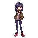 a lady 25 years with soft violet-black hair, sharp round eyes,  jacket, pant, and cool sneakers. colourfull attire