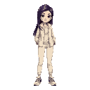 a lady 25 years with soft violet-black hair, sharp round eyes, cream jacket, joggers, and cool sneakers.