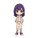 a girl with soft violet-black hair, sharp round eyes, cream jacket, joggers, and cool sneakers.