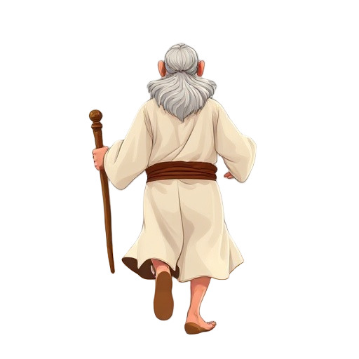 wbgmsst, back view of an old bearded man wearing a white flowing robe with a brown belt, running away from the camera in a desert environment. he is barefoot, holding a wooden staff in each hand.