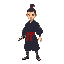 pixel art sprite sheet of a samurai warrior. he wears a dark blue kimono, red sash, and has a topknot hairstyle. the sheet includes animations: idle stance, four-directional walking, katana slashes, d