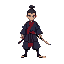 pixel art sprite sheet of a samurai warrior. he wears a dark blue kimono, red sash, and has a topknot hairstyle. the sheet includes animations: idle stance, four-directional walking, katana slashes, d