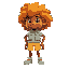 a stylized cartoon character with brown skin and a large tuft of curly orange hair. the character wears a light blue shirt with a padded vest and yellow shorts. its legs are adorned with light-colored