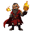 same scarred priest,left eye erupting raging gold hellfire!ash-streaked beard blown backtattered crimson robe flaring over chainmail.gloved hand thrust forward,inverted sigil blazing.combat stance.